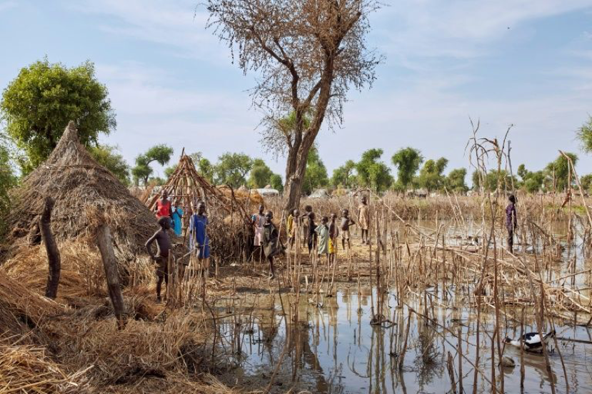 图5 -南苏丹优素福·巴提尔难民营被洪水袭击后，孩子们站在房屋的屋顶上。来源:法新社图片/亚历克斯·麦克布莱德(2019)